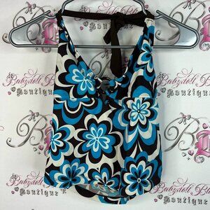 Y2K tankini top neon bright flowers retro Floral Blue and Brown Women's Top